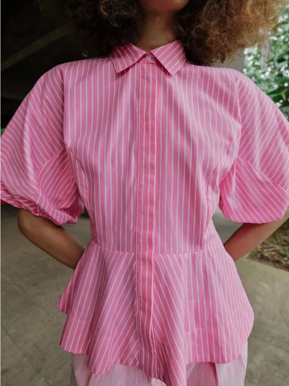 Zara Pink Striped Puff-Sleeve Peplum Blouse